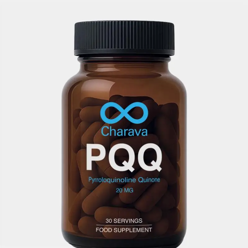 A brown bottle of Charava PQQ food supplement, containing brown capsules, against a plain background.