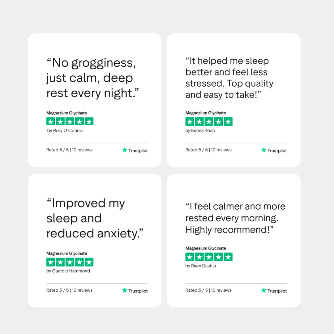 Four customer testimonials for Magnesium Glycinate, each with a five-star rating and Trustpilot logo on a white card.