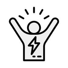 A line icon of a person with arms raised and a lightning bolt on their chest.