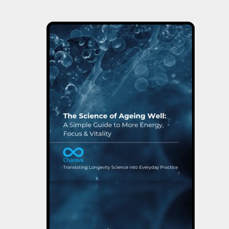 The cover of 'The Science of Ageing Well' guide by Charava displayed on a screen.