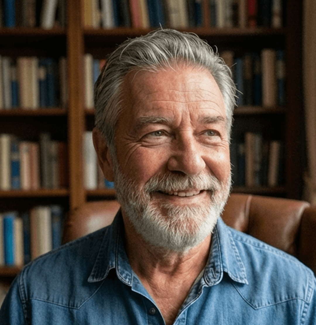 A smiling older man with grey hair and a beard, wearing a denim shirt in a library.