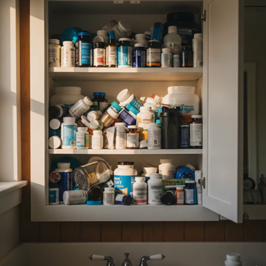 A white medicine cabinet overflowing with various pill bottles and supplement containers above a sink.