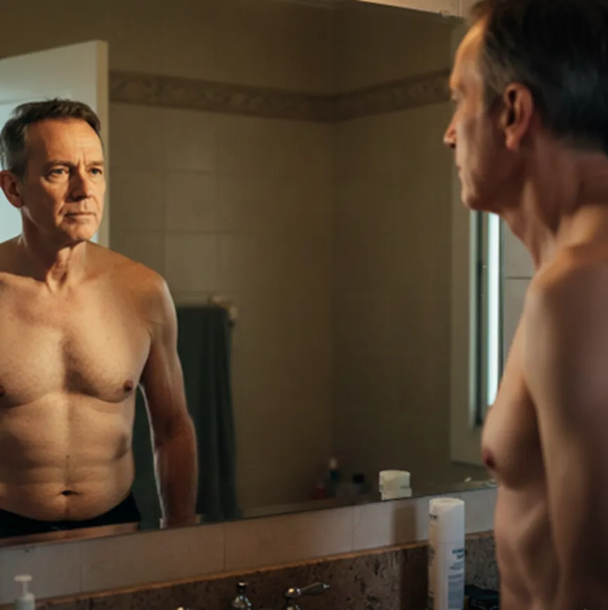 A muscular, shirtless middle-aged man looks at his reflection in a bathroom mirror.