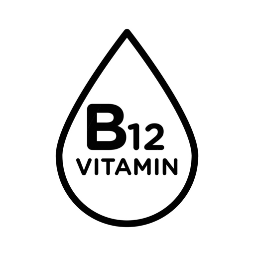 A black line-art icon of a droplet containing the text 'B12 VITAMIN' on a green background.