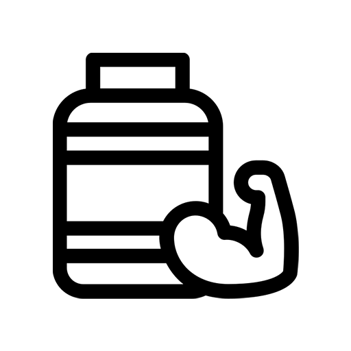 A line icon of a supplement container next to a flexed bicep on a green background.