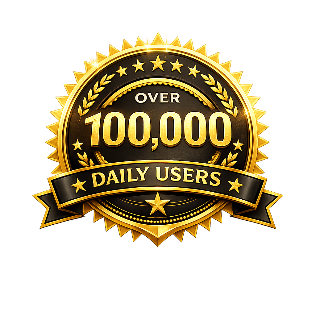A gold and black emblem with stars that reads 'Over 100,000 Daily Users'