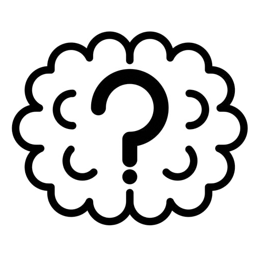 A black line icon of a brain with a question mark inside on a green background.