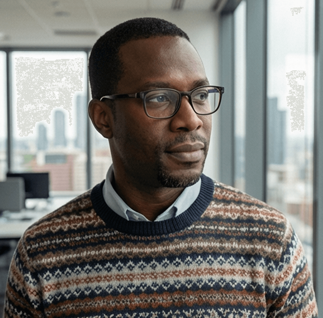 A man in glasses and a patterned sweater looks to the side in an office setting.
