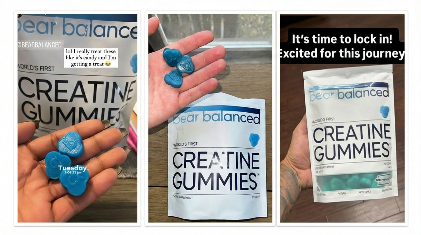 A collage of three photos showing people holding bags and individual blue Bear Balanced Creatine Gummies.