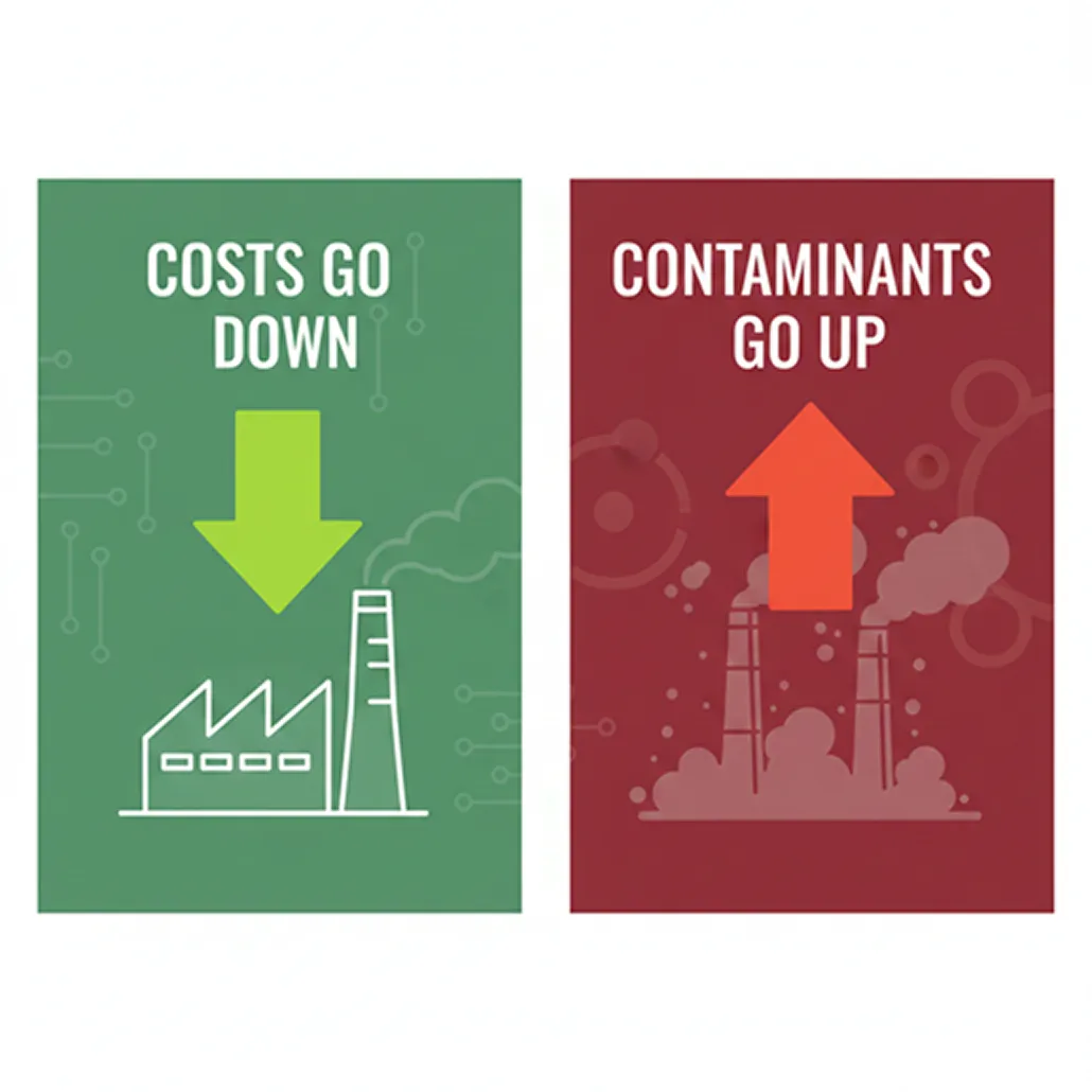 Two posters showing costs going down and contaminants going up, both illustrated with factories and arrows.