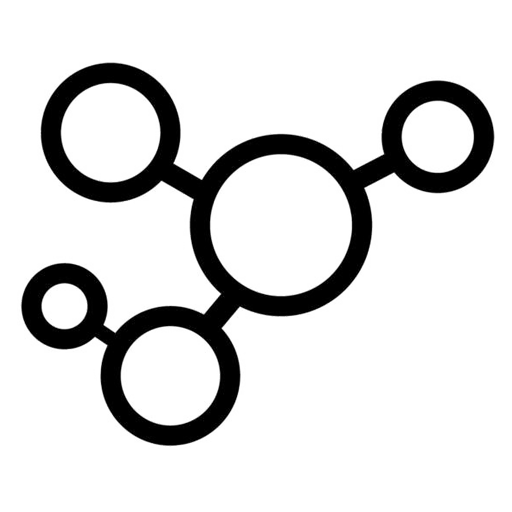 A black line icon of a stylized molecule, with interconnected circles, on a dark green background.