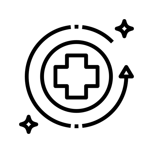 A line icon of a medical cross inside a circular arrow with sparkles on a green background.