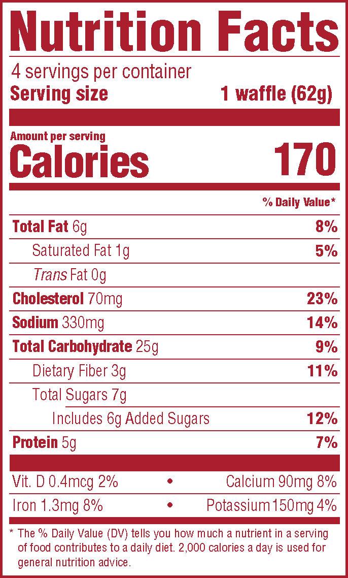 Nutrition facts label for a waffle, showing calories and nutrient information.