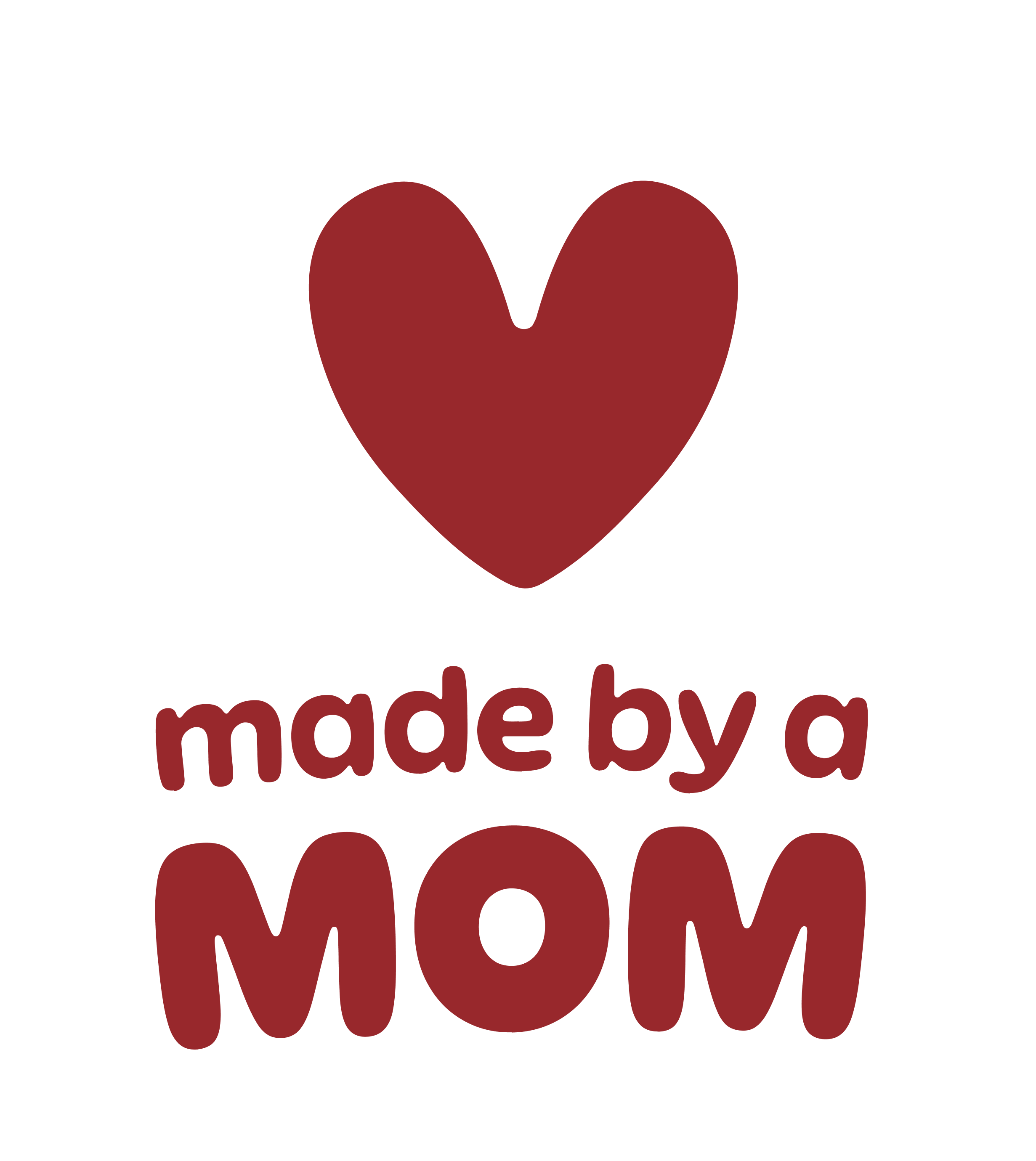 Red heart above 'made by a MOM' text on white background.