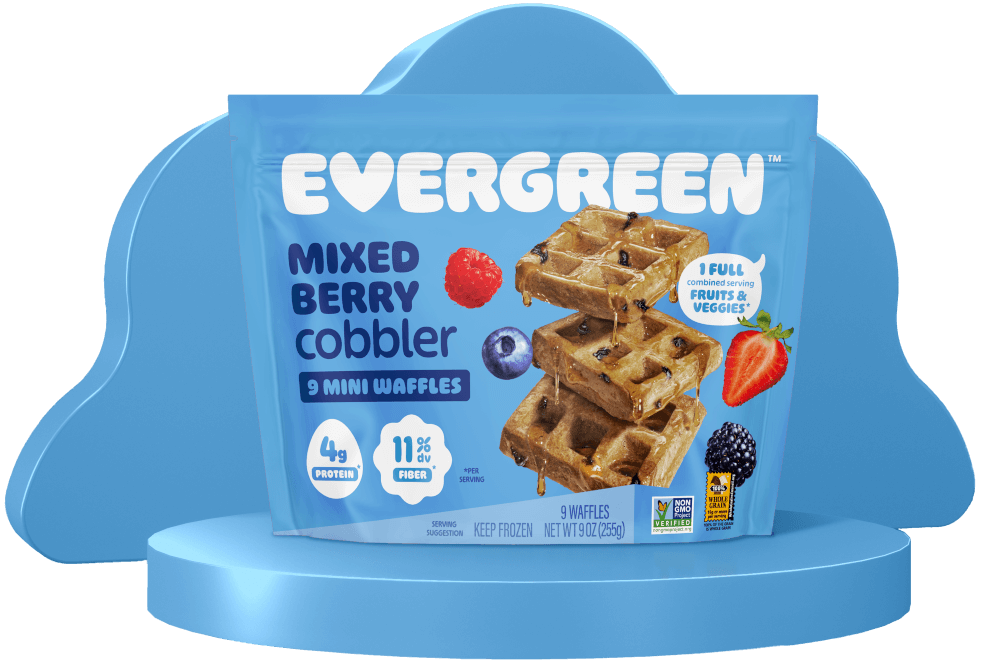 Packaging of Evergreen Mixed Berry Cobbler mini waffles on a blue cloud-shaped stand.