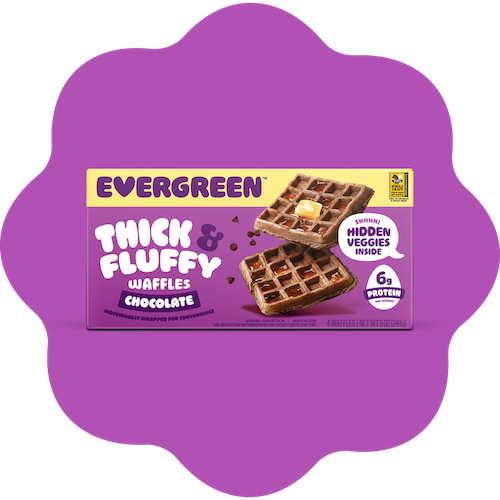 A box of Evergreen Thick & Fluffy Chocolate Waffles on a decorative purple background.