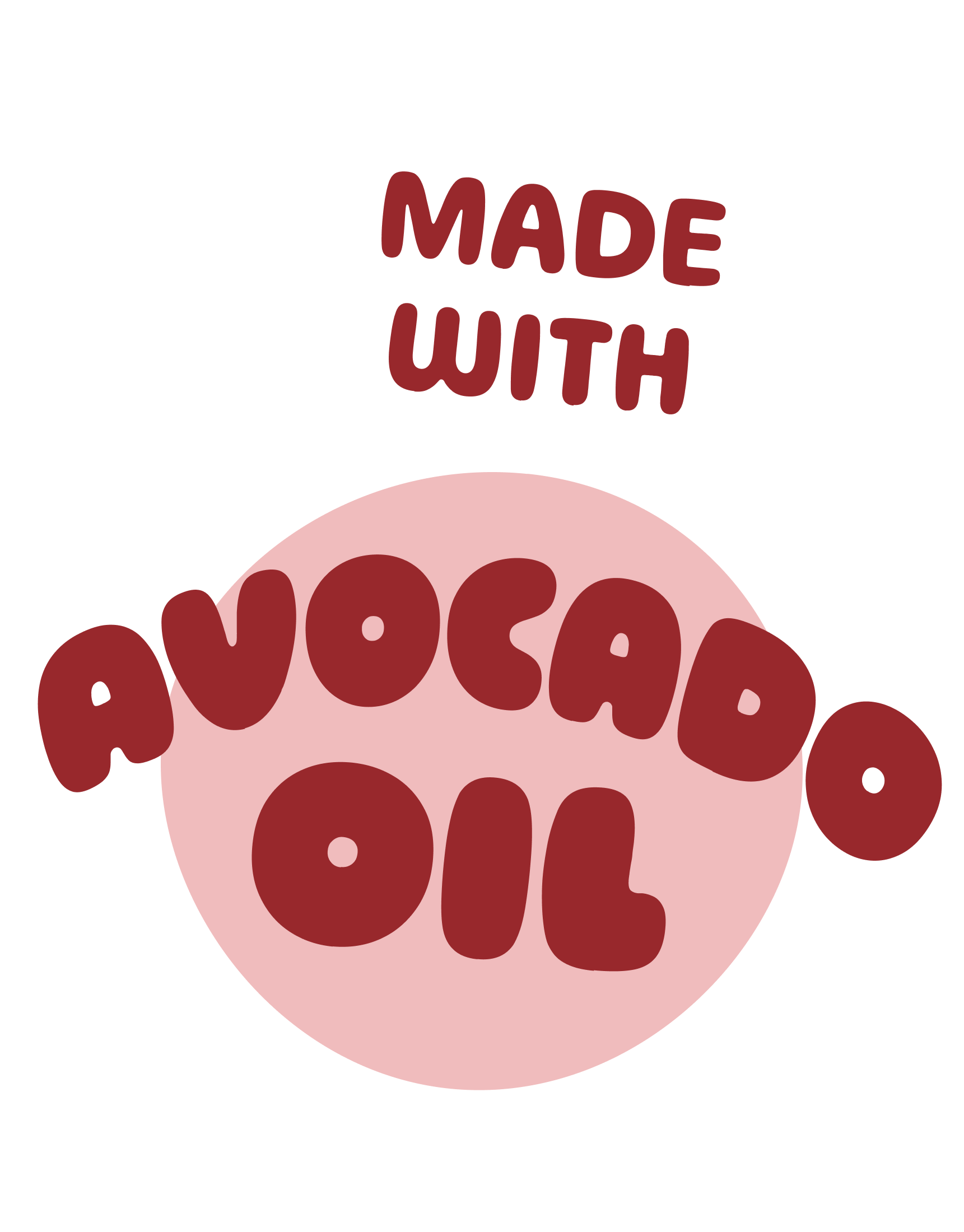 Illustration of text 'Made with Avocado Oil' in red letters.
