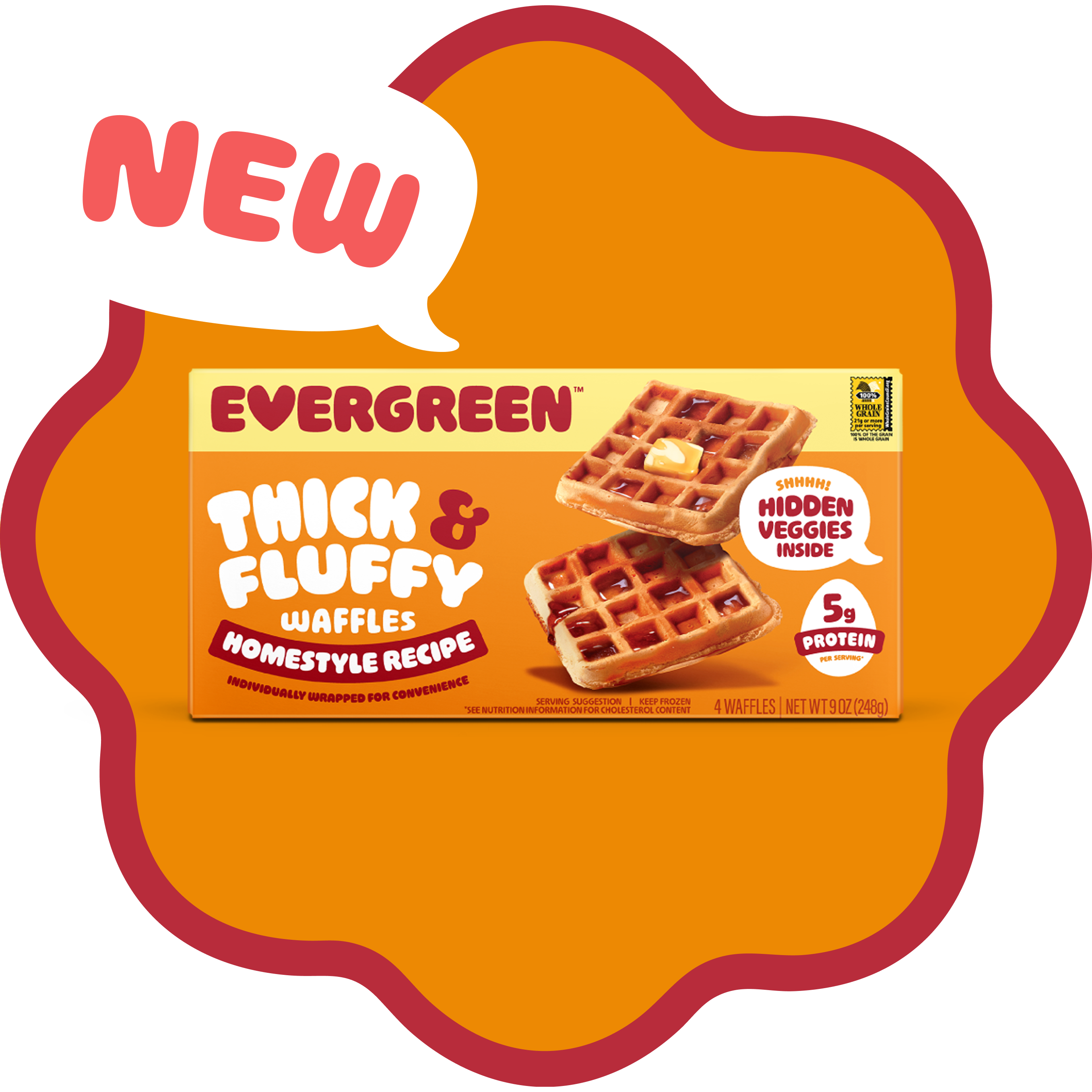 Box of Evergreen thick and fluffy waffles with a 'NEW' label.