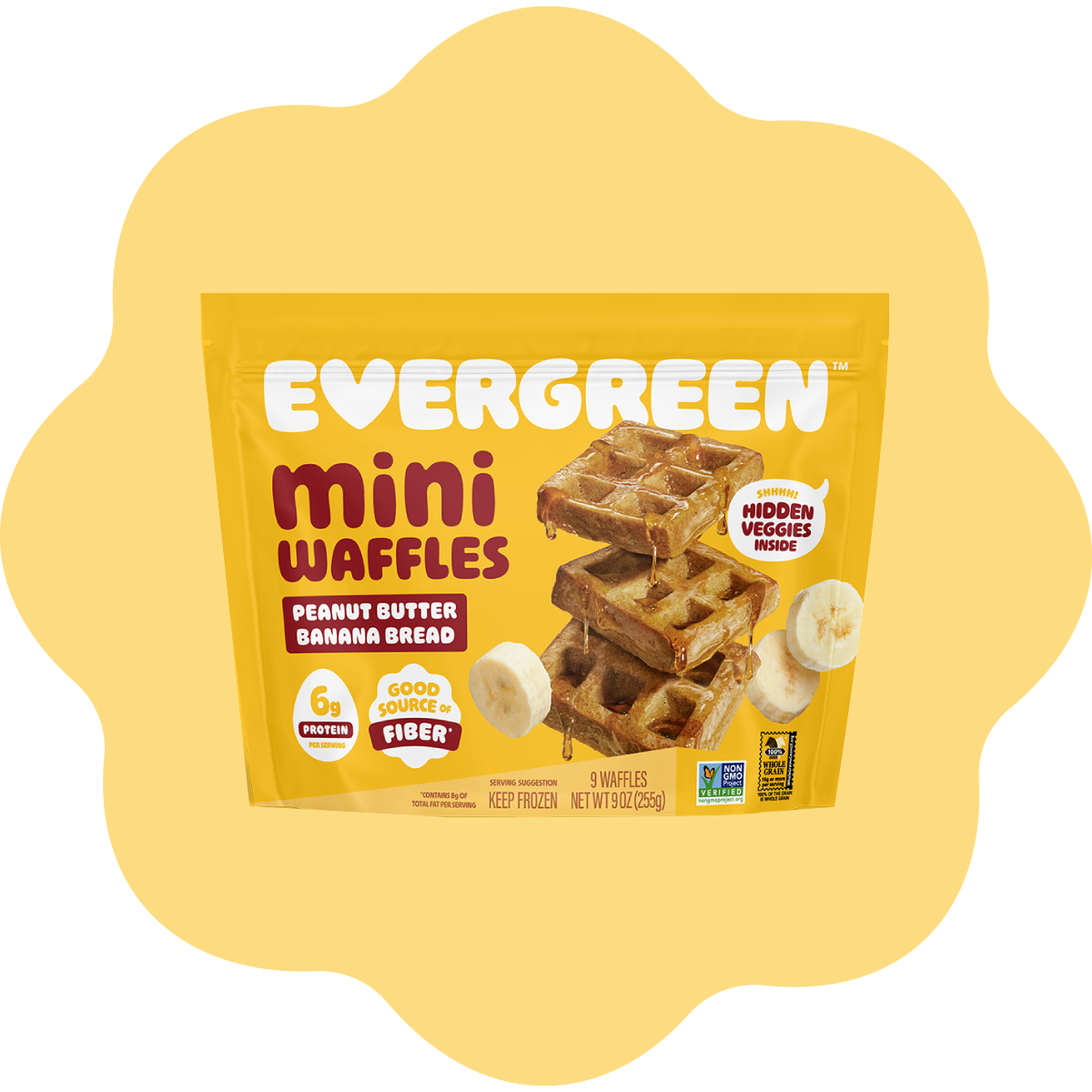 A yellow package of Evergreen Mini Waffles in Peanut Butter Banana Bread flavor on a light yellow background.