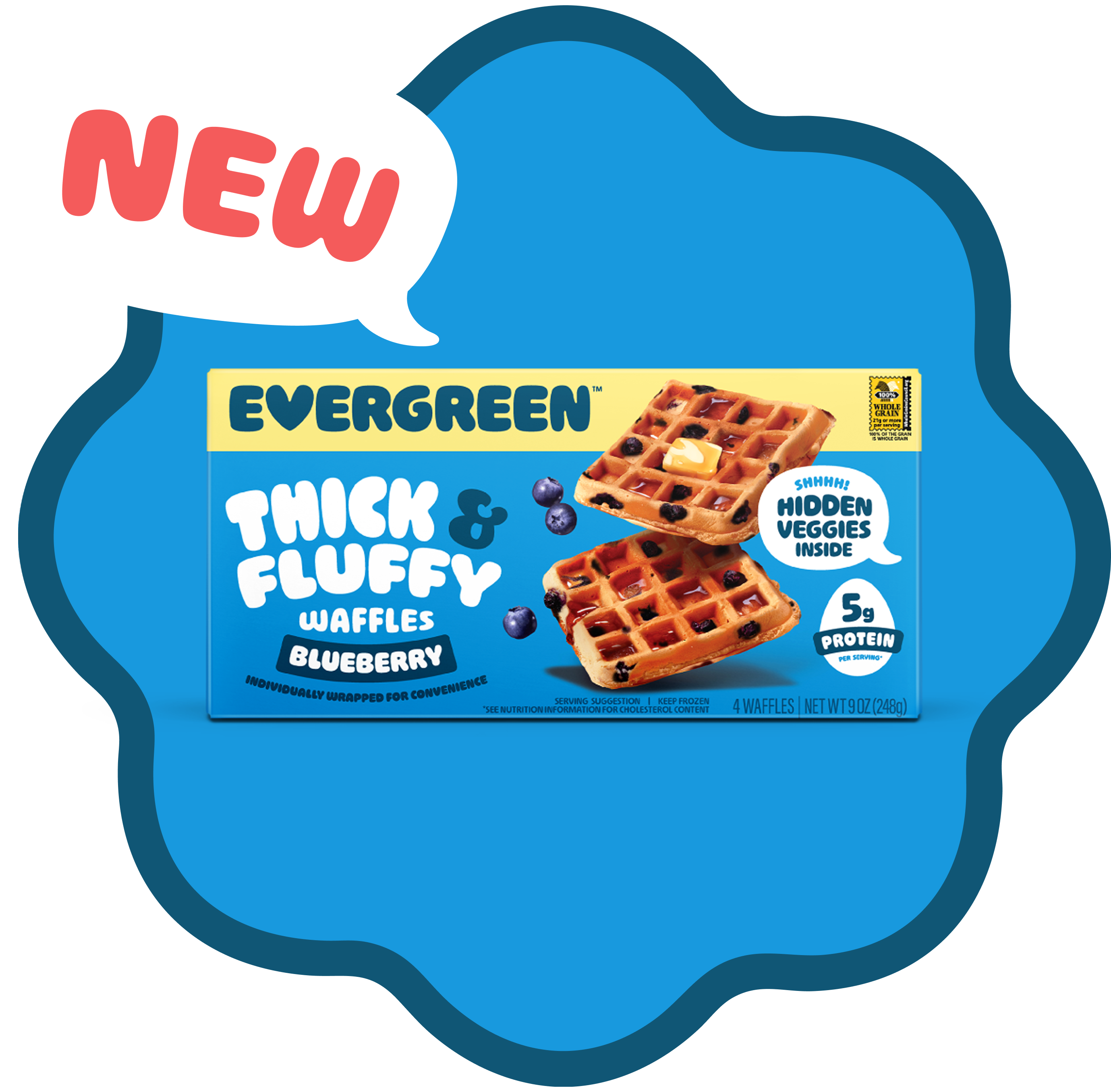 Packaging of Evergreen blueberry waffles with blueberries and waffles image on blue background.