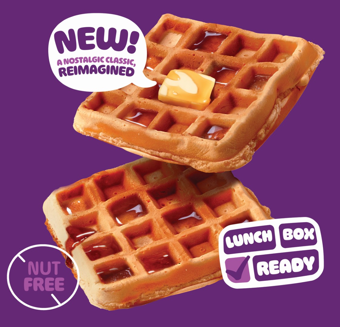 An advertisement showing two waffles with syrup and butter on a purple background with promotional text.