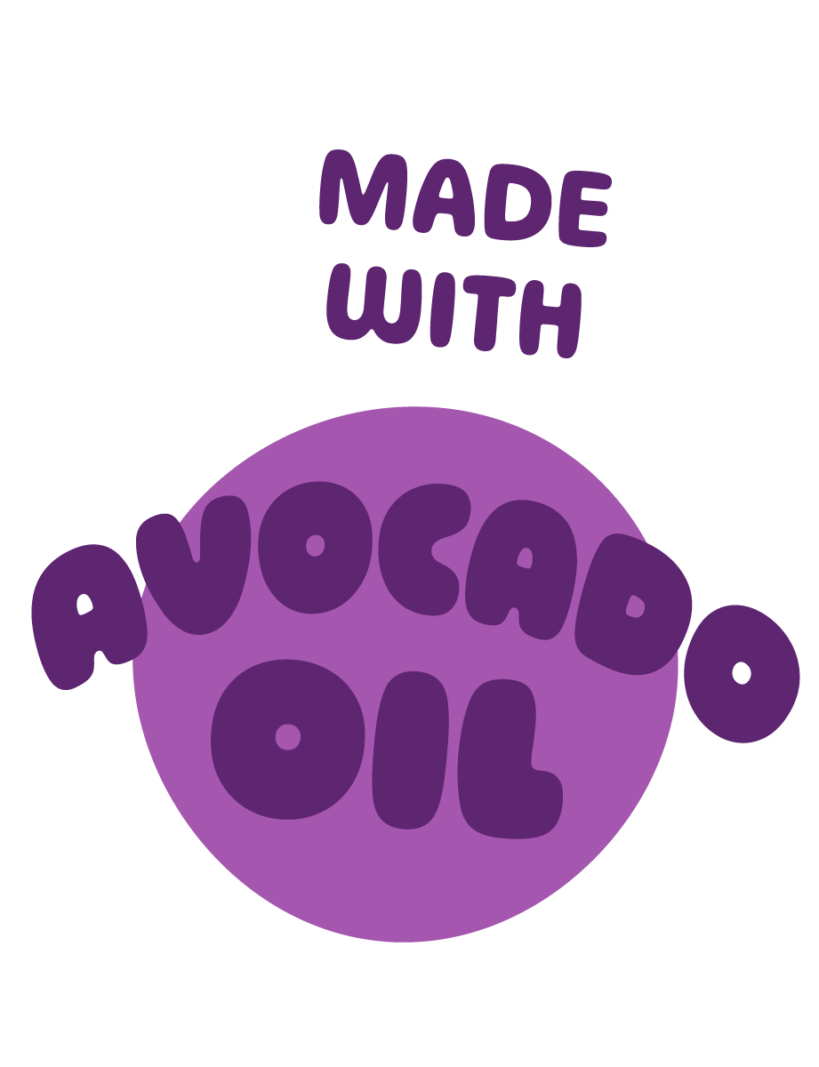 A purple graphic that reads 'Made with Avocado Oil' in a bubbly font.