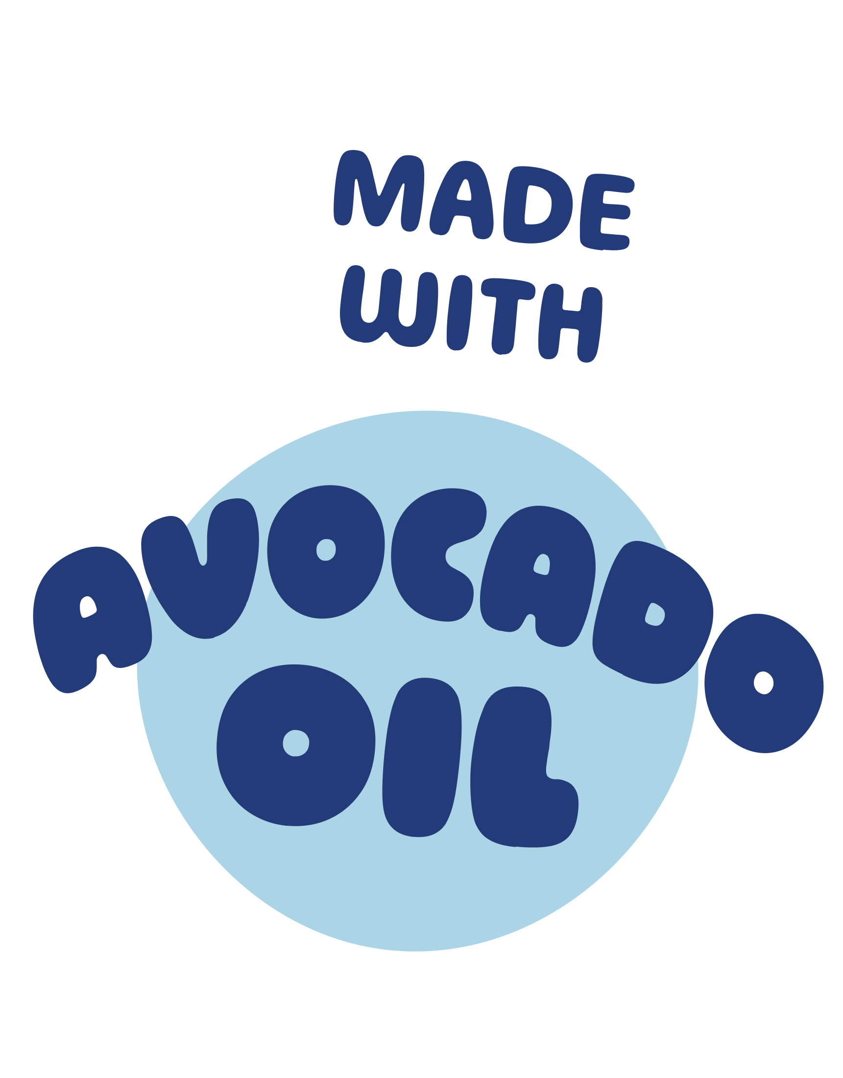 Illustration with text 'Made with Avocado Oil' in blue letters.