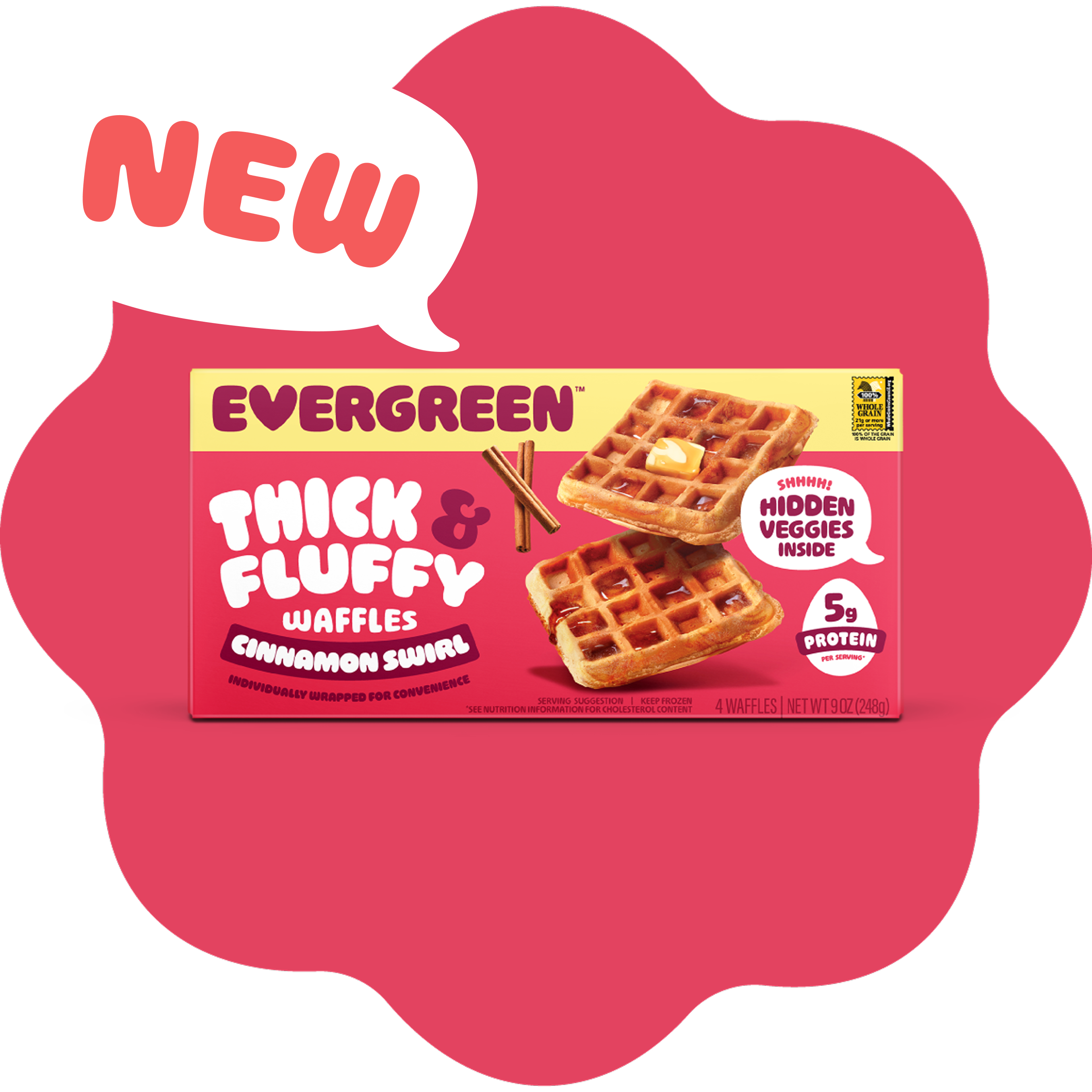 Box of Evergreen thick and fluffy cinnamon swirl waffles with a 'NEW' label on red background.