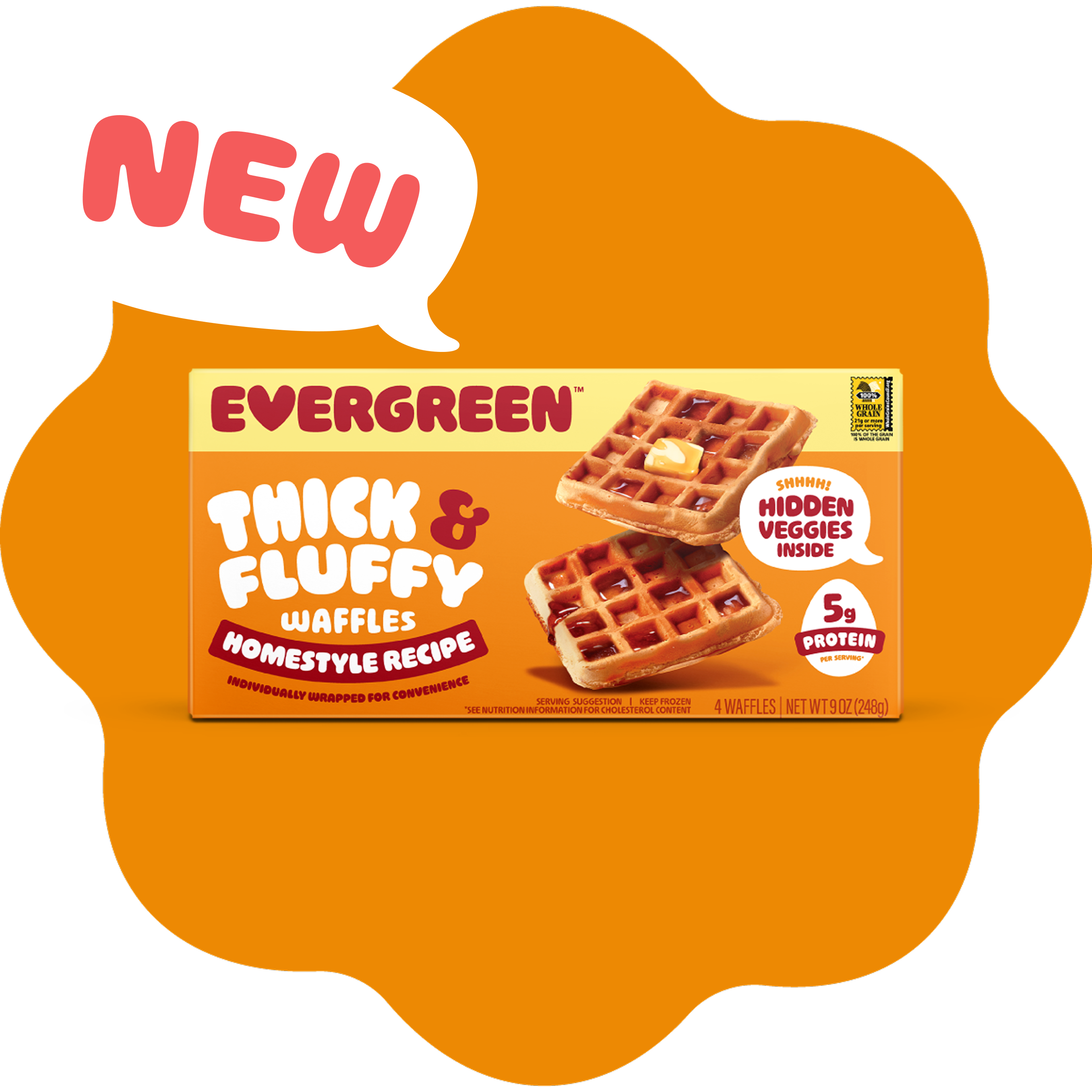 Box of Evergreen Thick & Fluffy Homestyle waffles with syrup and butter.