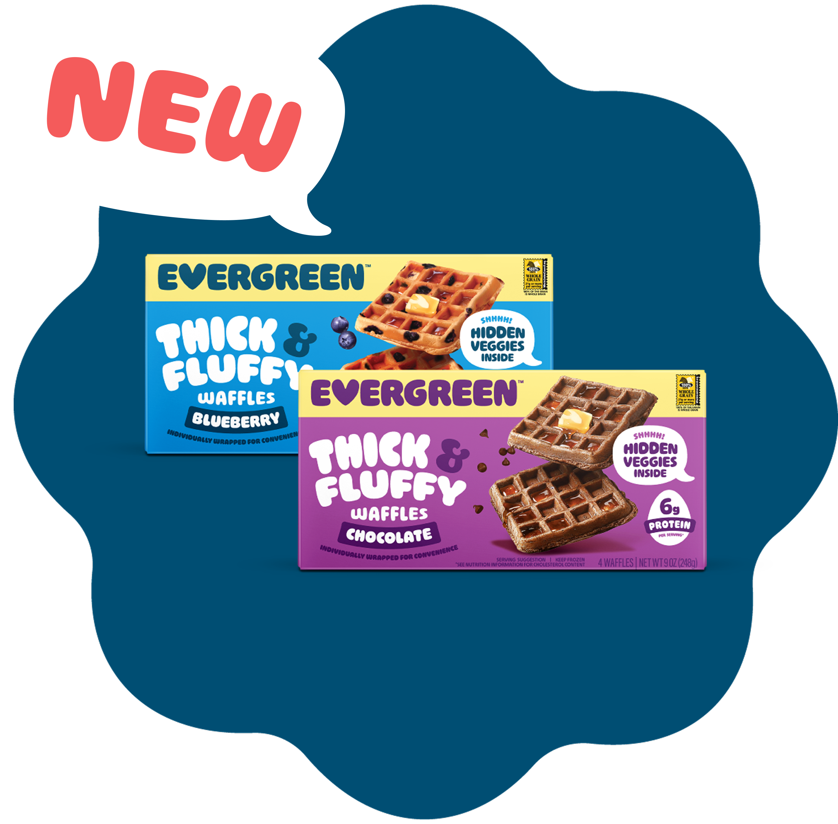 Two boxes of EverGreen thick and fluffy waffles with chocolate and blueberry flavors.