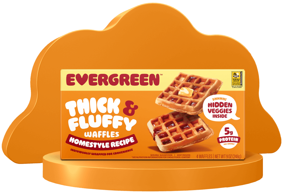 Box of Evergreen thick and fluffy waffles with hidden veggies and protein content.