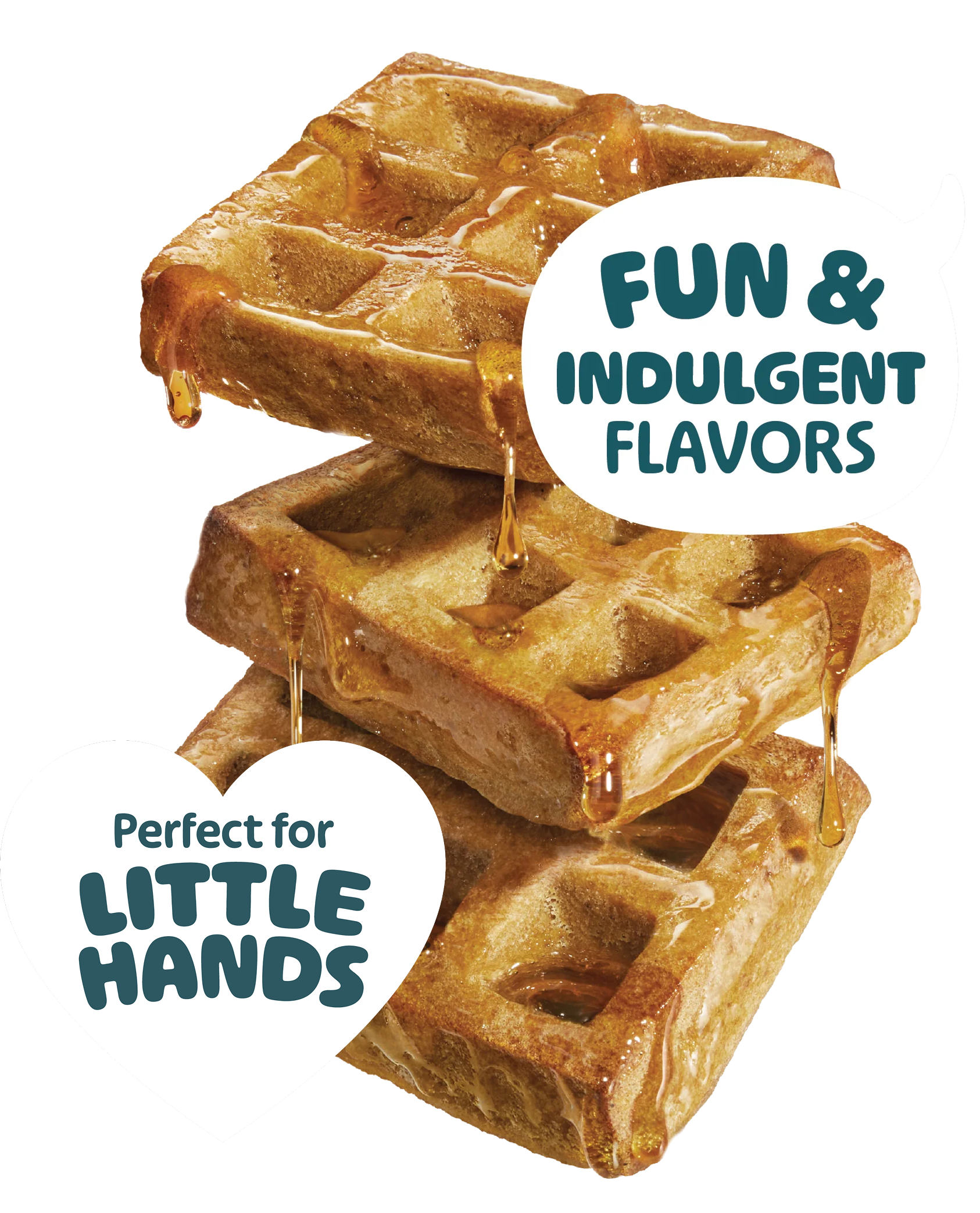 A stack of three square waffles with syrup dripping down them, against a white background.