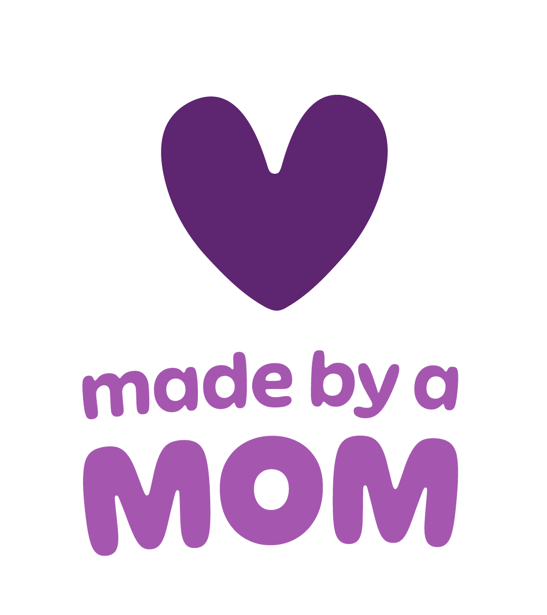 A purple heart icon above the text 'made by a MOM' in purple lettering.