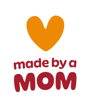 Logo with an orange heart and text 'made by a MOM'.
