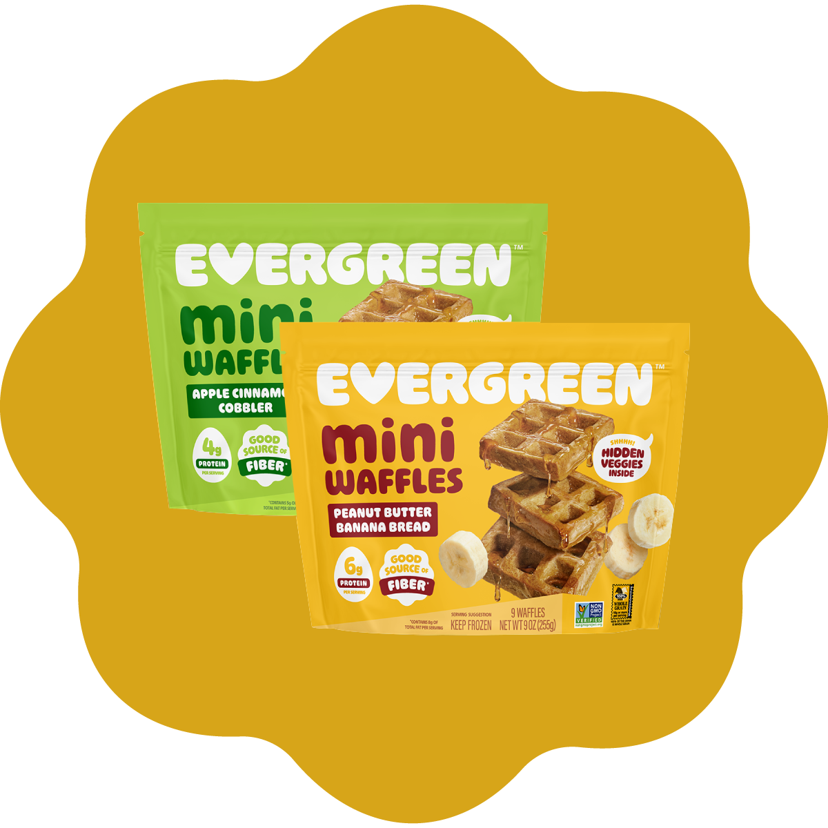 Two bags of Evergreen Mini Waffles in Apple Cinnamon Cobbler and Peanut Butter Banana Bread flavors.