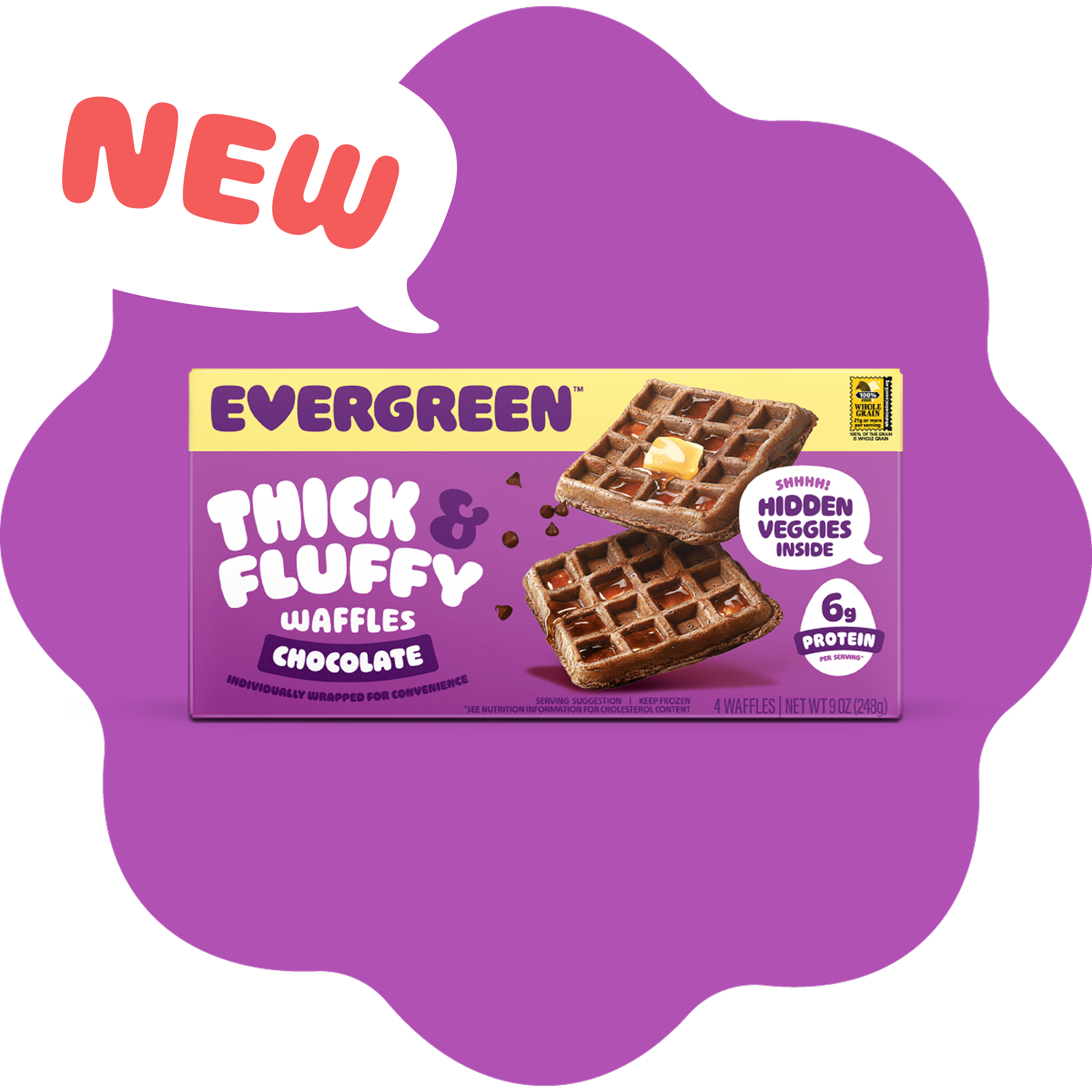 Box of Evergreen chocolate waffles with 'New' label on purple background.