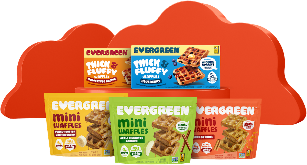 Colorful packages of Evergreen thick and fluffy waffles in front of red cloud backdrop.