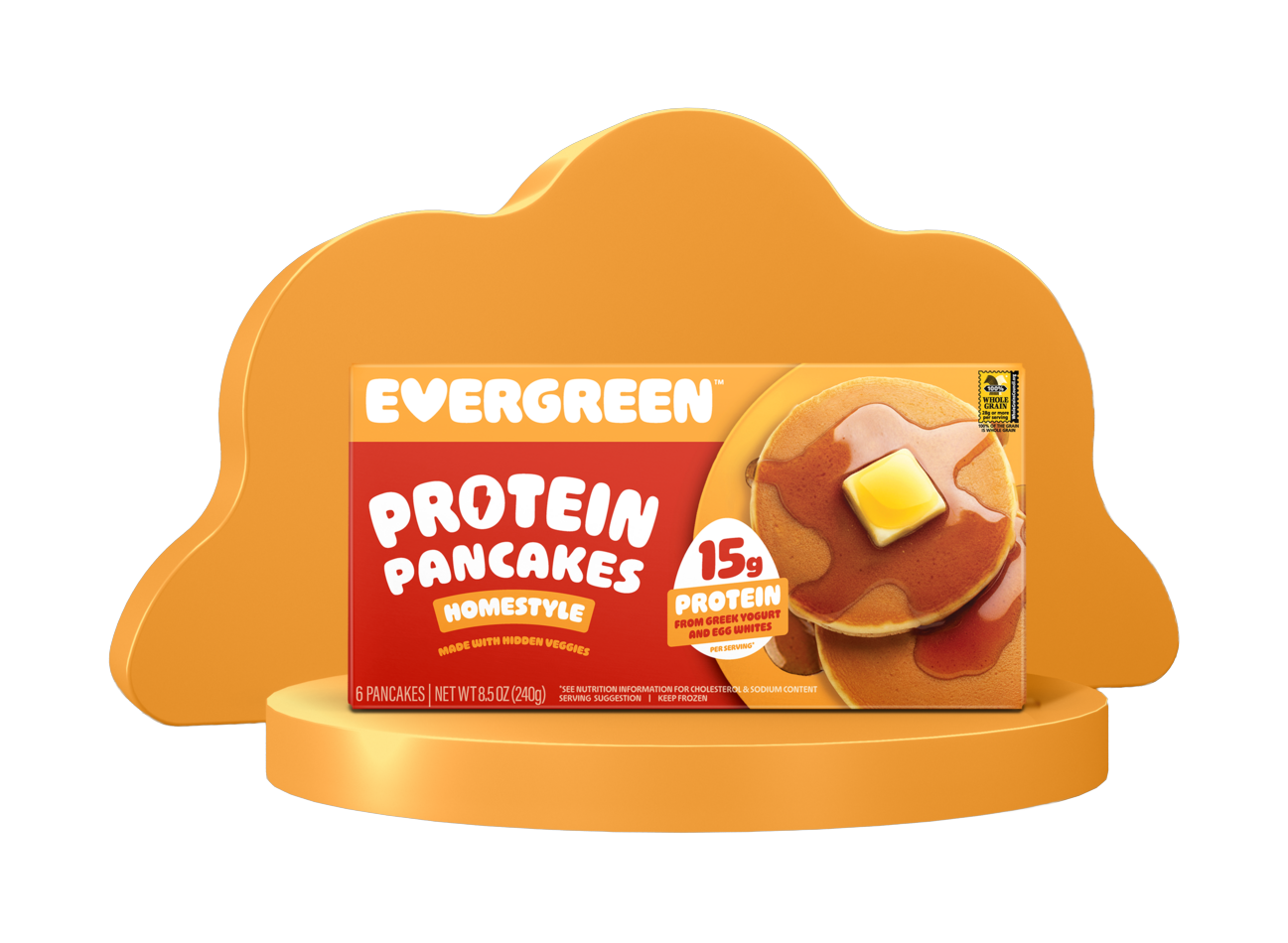 A box of Evergreen Homestyle Protein Pancakes sitting on a stylized orange display stand.
