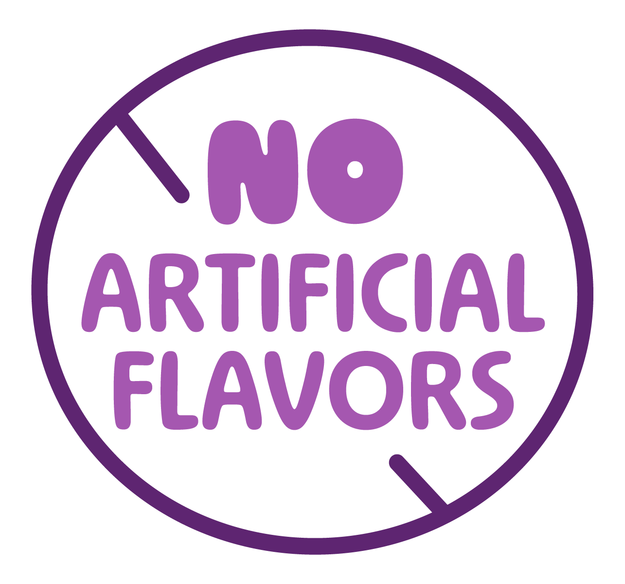 A purple circular icon with the text 'No Artificial Flavors' inside a prohibition symbol.