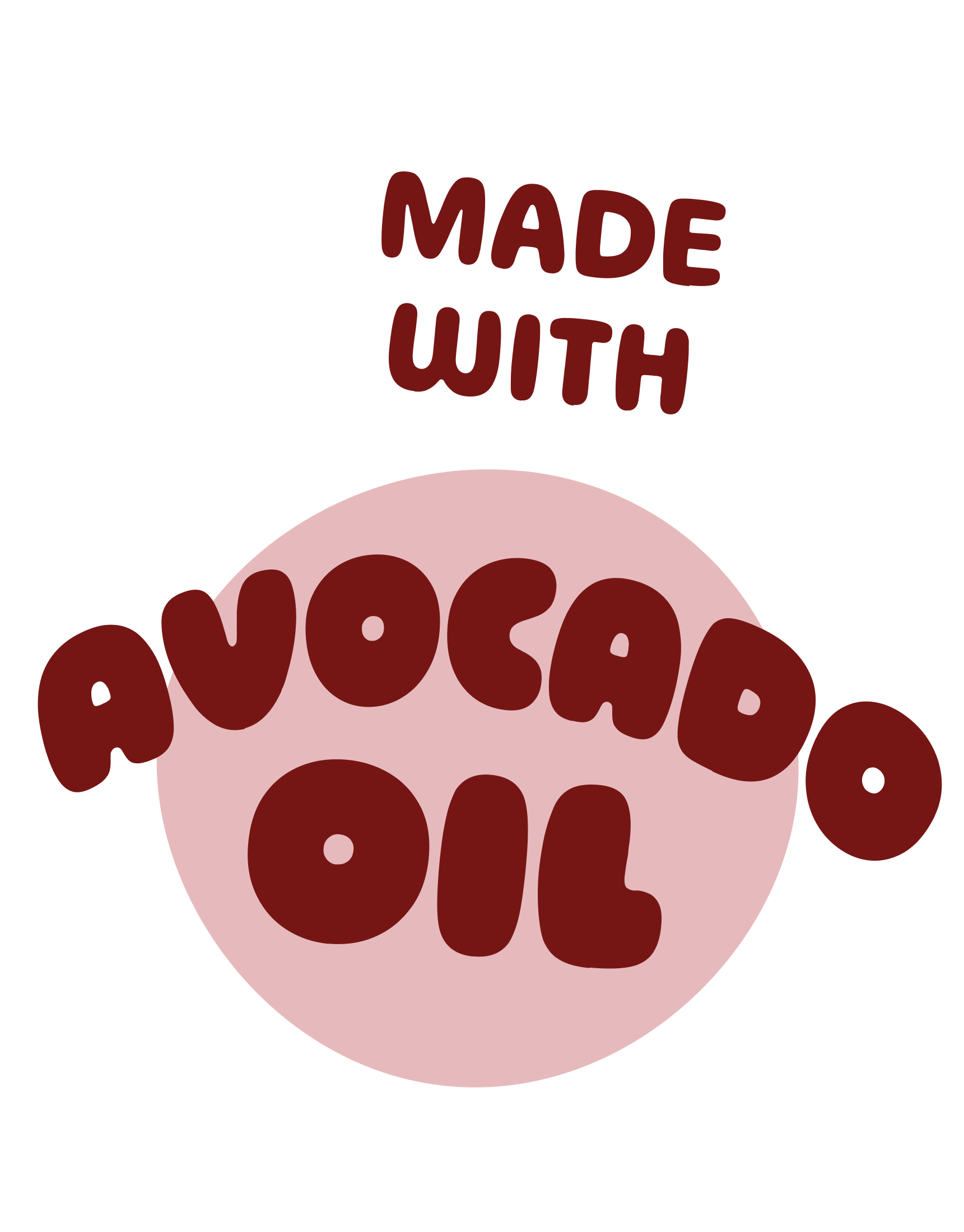 Illustration with text 'Made with Avocado Oil' in bold letters.