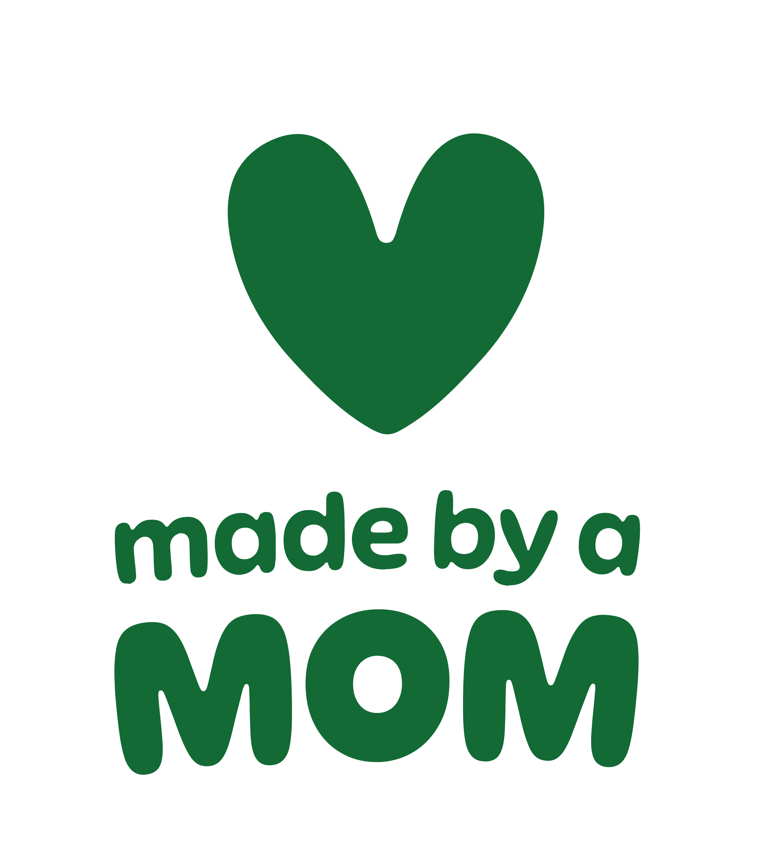 Green heart with text 'made by a MOM' on white background.