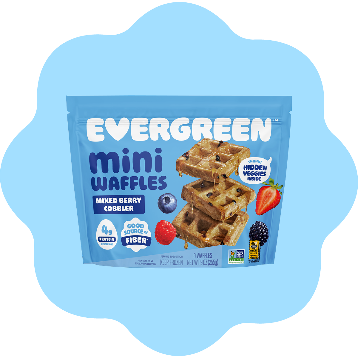 A blue pouch of Evergreen Mini Waffles in Mixed Berry Cobbler flavor, with a stack of waffles.