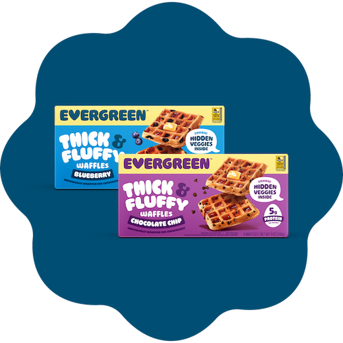 Two packages of Evergreen mini waffles, one apple cinnamon and one peanut butter banana bread, on a yellow background.