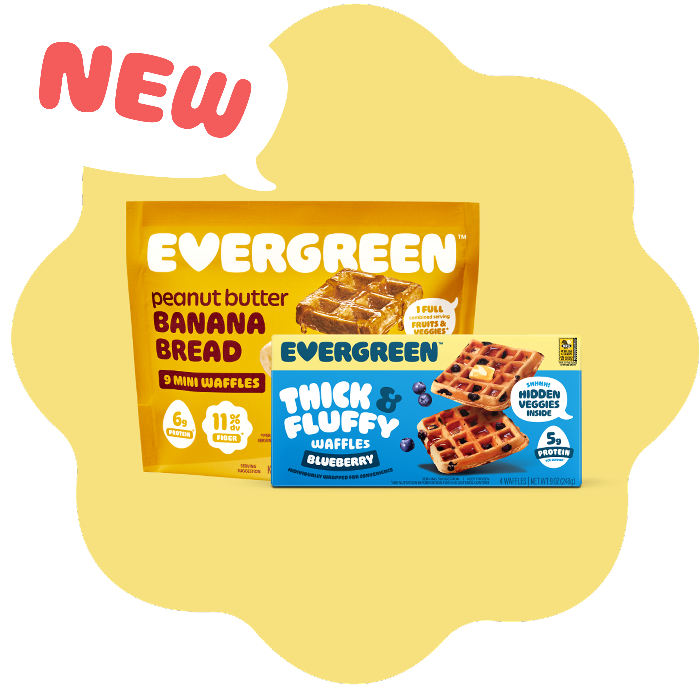 Two Evergreen waffle packages with a 'NEW' bubble in the top left corner.