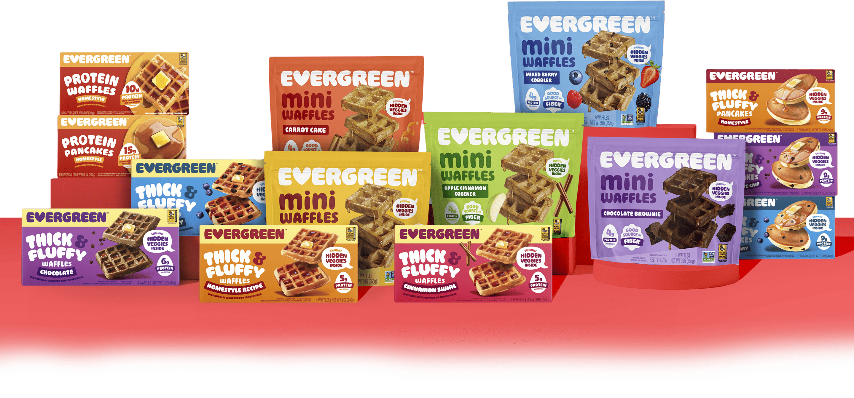 A variety of Evergreen brand frozen waffles and pancakes arranged on a red surface against a white background.