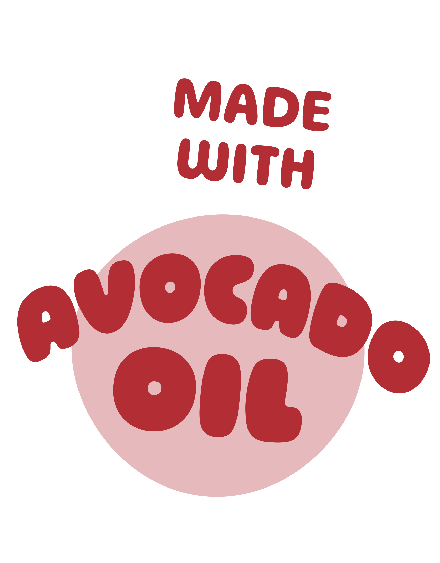 Illustration with text 'Made with Avocado Oil' in red letters.