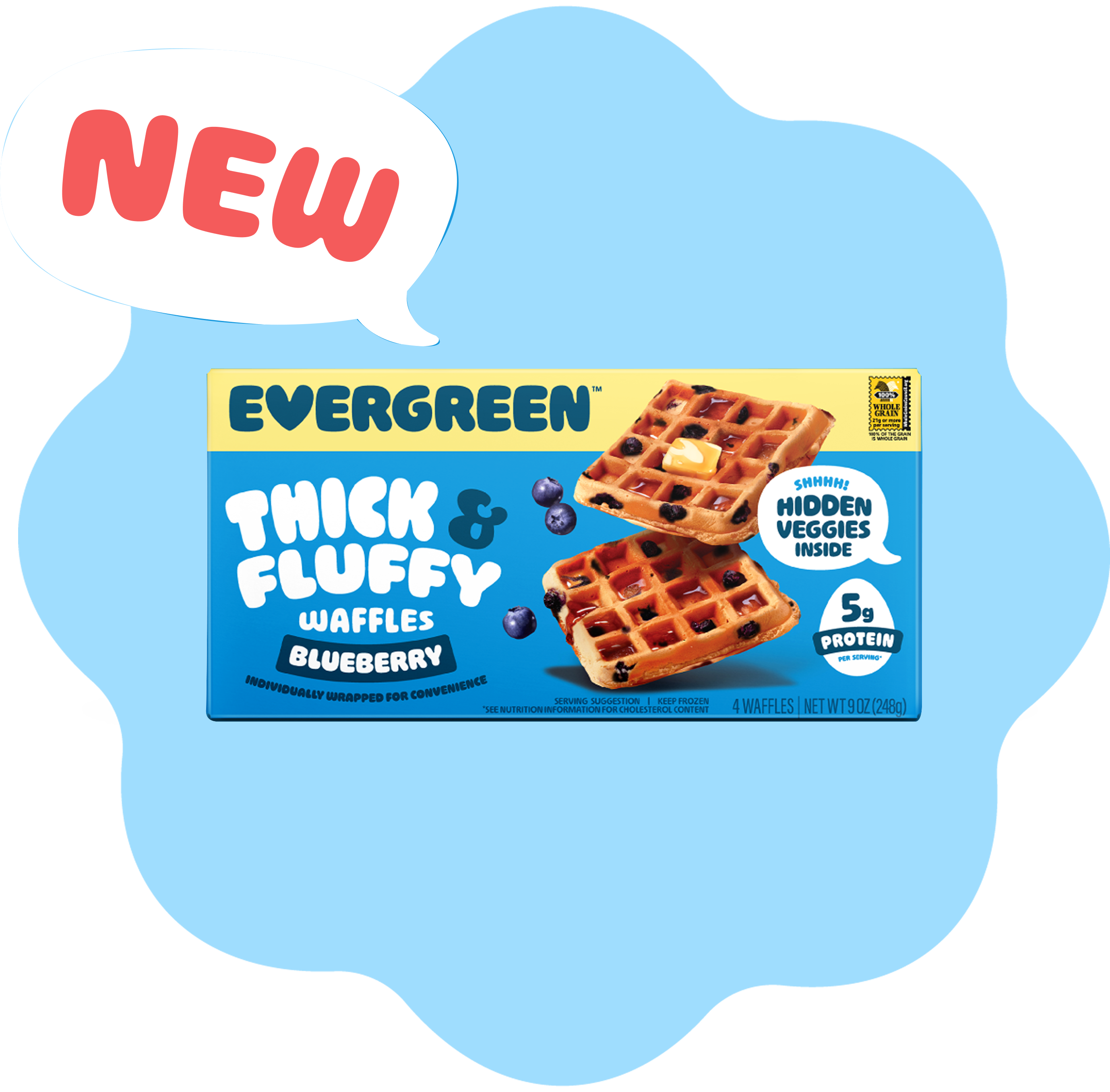 A box of Evergreen Thick & Fluffy Blueberry Waffles, with a speech bubble that says 'NEW'.
