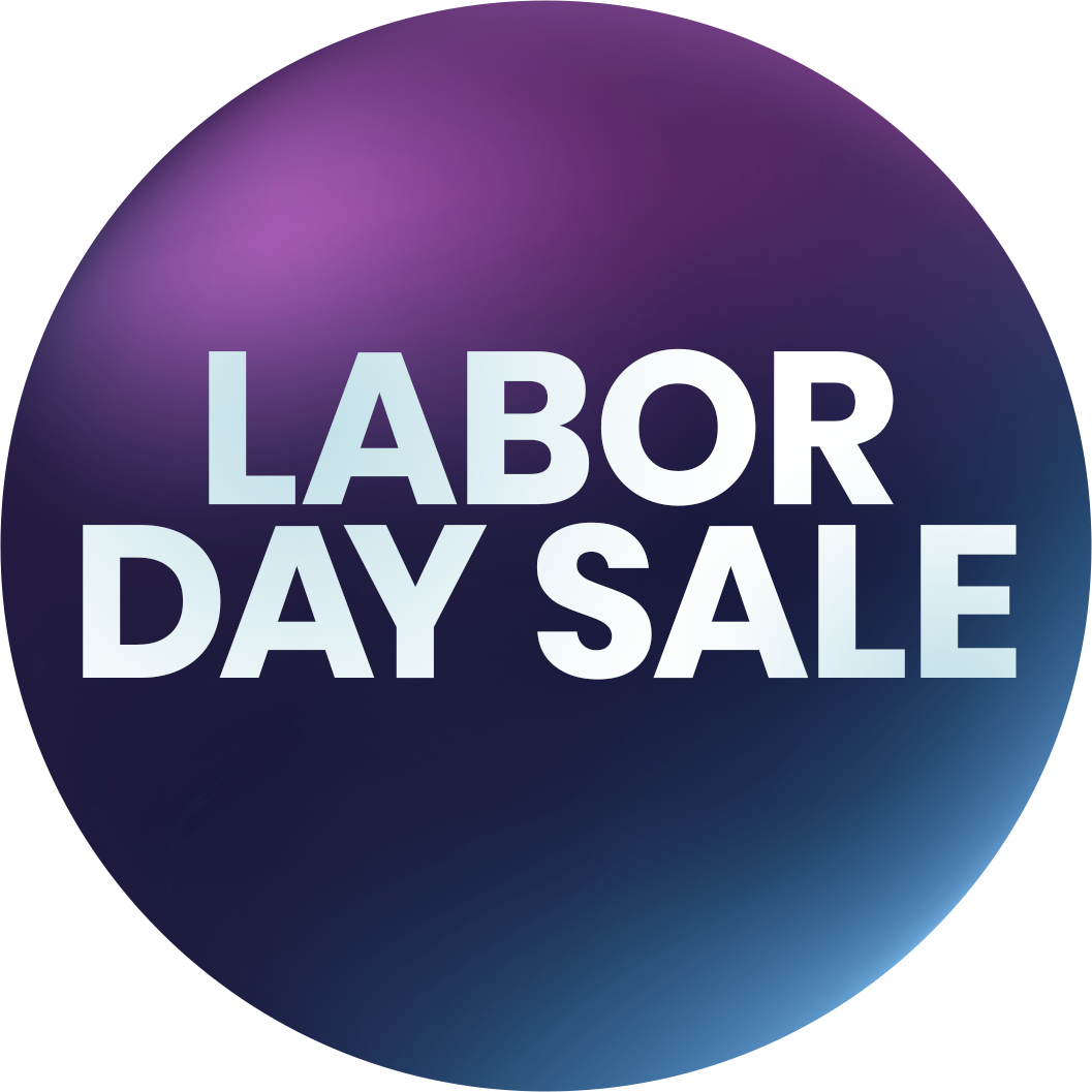 Purple and blue gradient circle with 'Labor Day Sale' text.