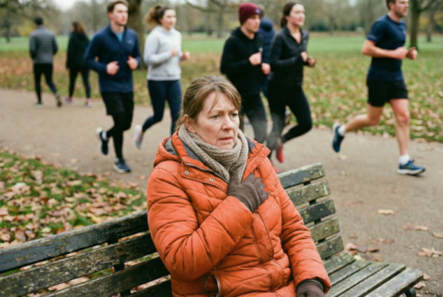 Middle-aged woman in an orange coat clutching her chest on a park bench while joggers pass behind her.