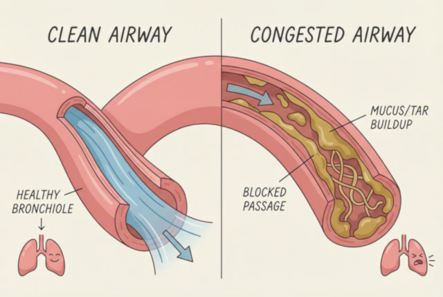Diagram: CLEAN AIRWAY;CONGESTED AIRWAY;HEALTHY BRONCHIOLE;MUCUS/TAR BUILDUP;BLOCKED PASSAGE.